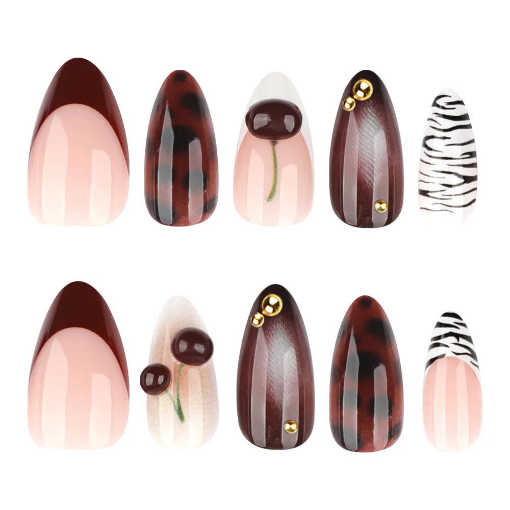 Nailhour 24Pcs Black And White Zebra Stripes 3D French Cherry Medium Almond Press On Nails