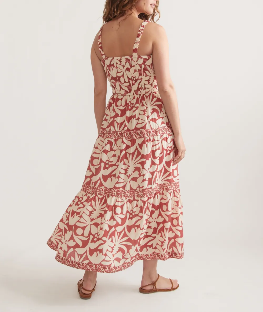 Auburn Leaf Print Tiered Maxi Dress