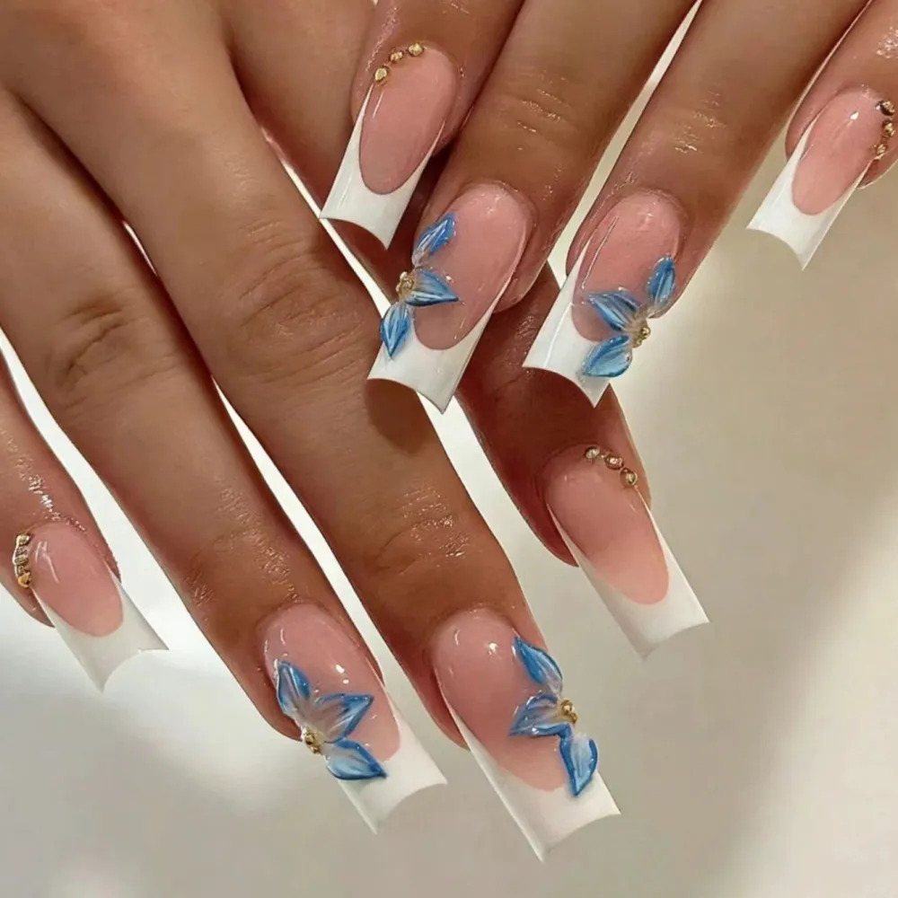 Nailhour 24Pcs French 3D Long Square Press On Nails