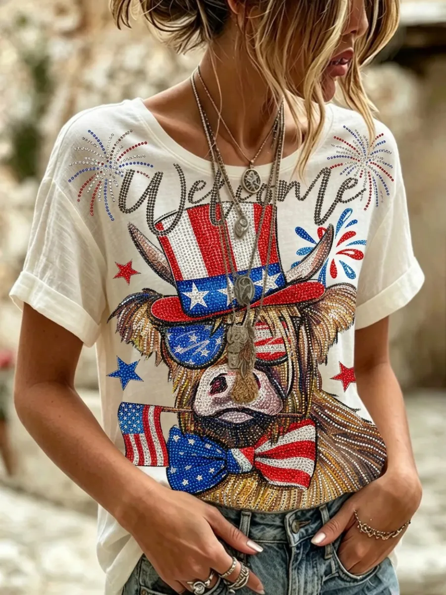 U.S. Independence Day Highland Cow Design Women's Linen T-Shirt