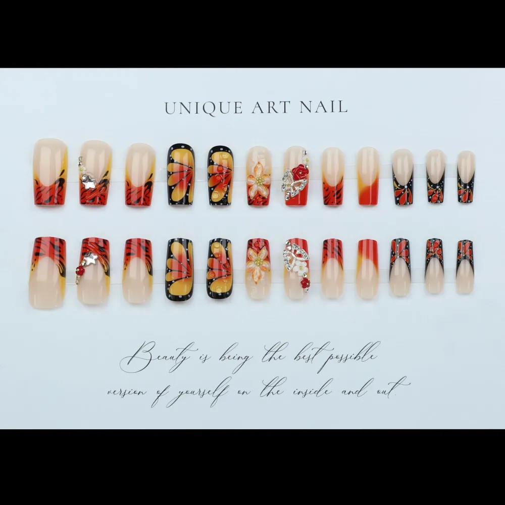 Nailhour Holiday 3D Orange Floral Butterfly 24Pcs Square Press On Nails