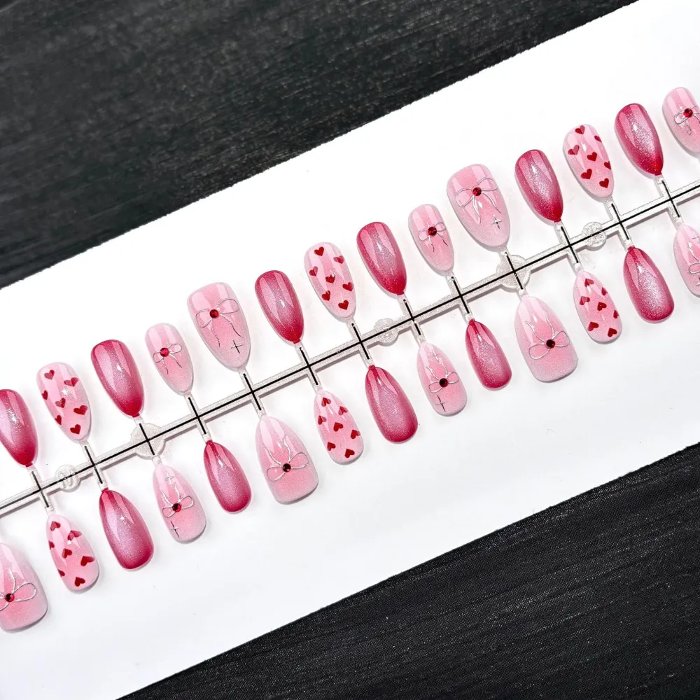 Nailhour 30Pcs Red Heart 3D Medium Almond French Press On Nails