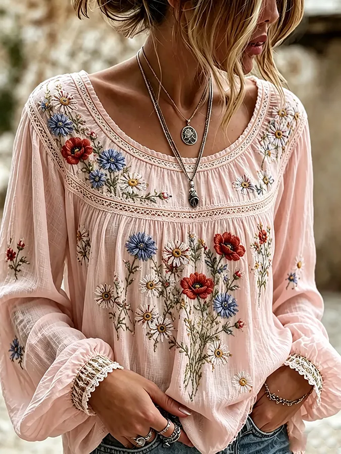 Women'S Floral Printed Casual Cotton And Linen Top