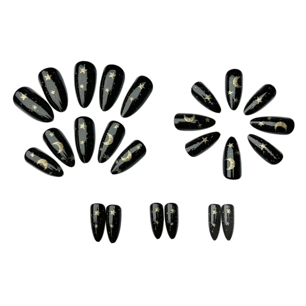Nailhour 24Pcs French Black Gilded Shining Star Gothic Medium Almond Press On Nails