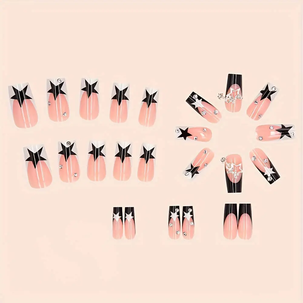Nailhour 24Pcs Long Square Elegant Black Star Metal Press On Nails