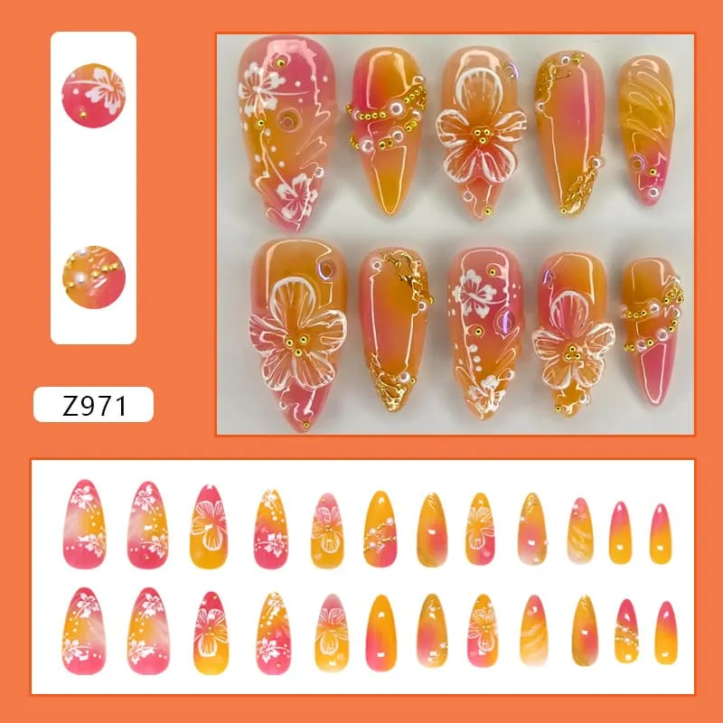 Nailhour 24Pcs Floral 3D Medium Almond French Gilded Press On Nails