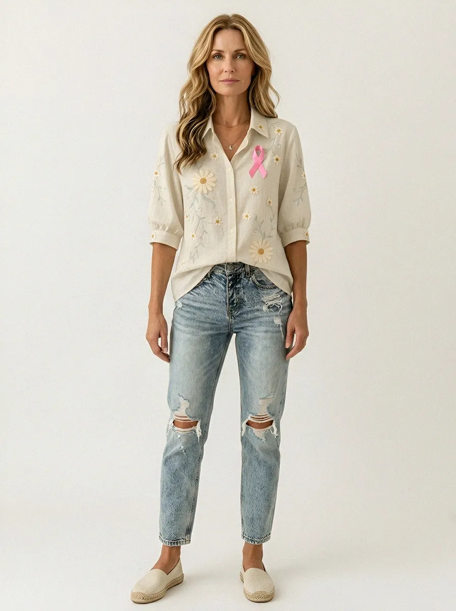 Women's Breast Cancer Awareness Daisy Floral Embroidered Printed Shirt