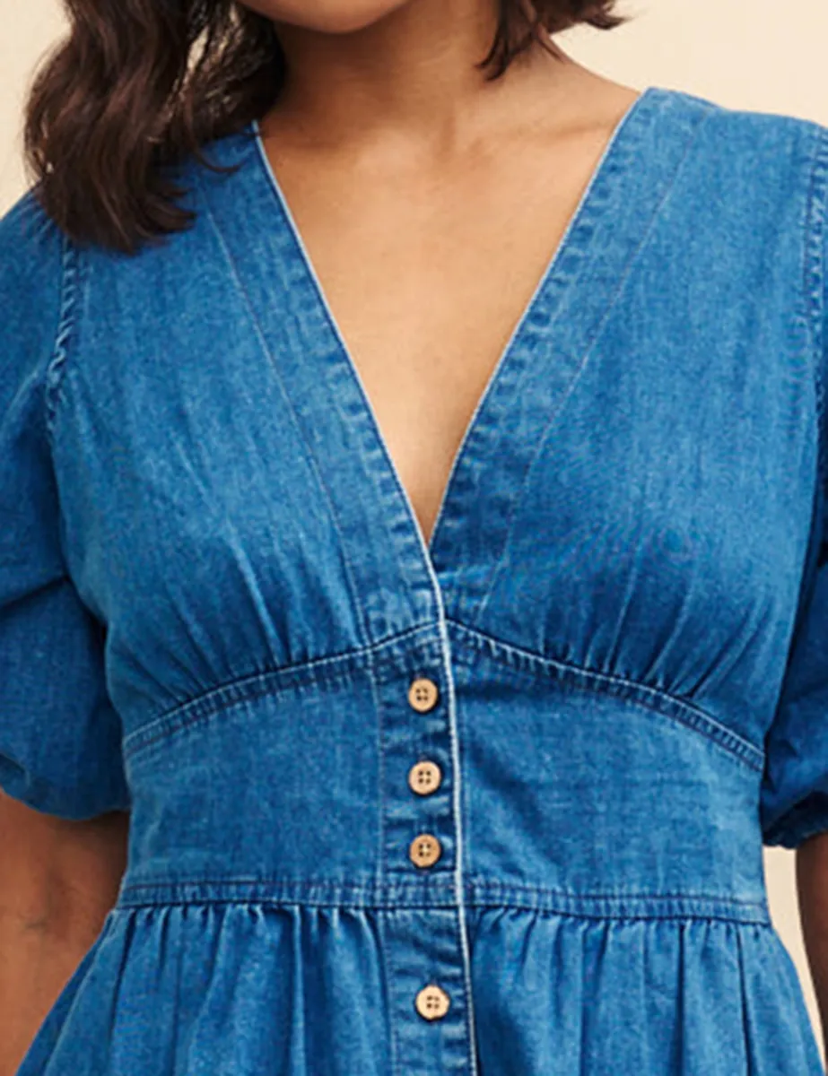 Denim Button Front Puff Sleeve Mini Dress