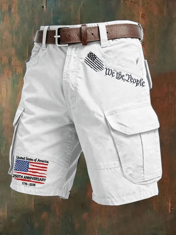 Men's Retro Flag Cross Multi-Pocket Print Cargo Shorts