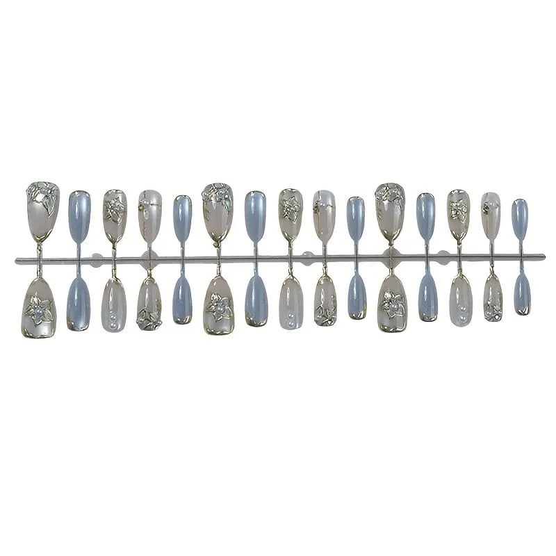 Nailhour 30Pcs Blue French Gilded Medium Almond Press On Nails