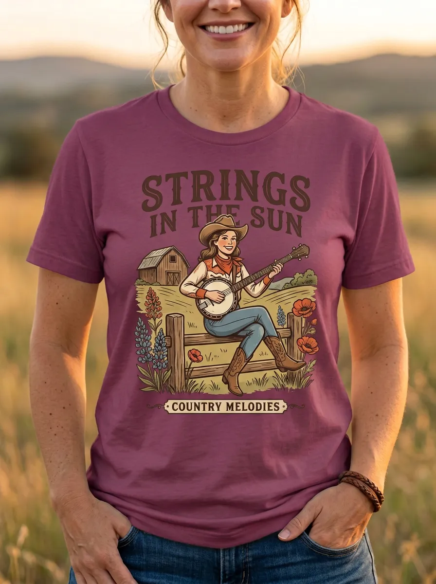 Western-Inspired Banjo Women's Country Music Crew-Neck T-Shirt