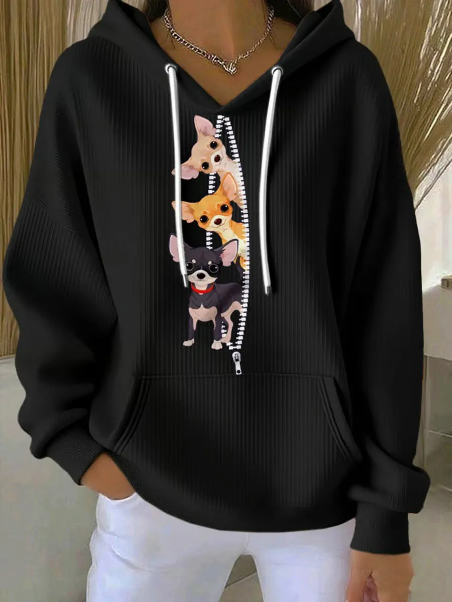 Cute Dogs Printed V-Neck Casual Hoodies