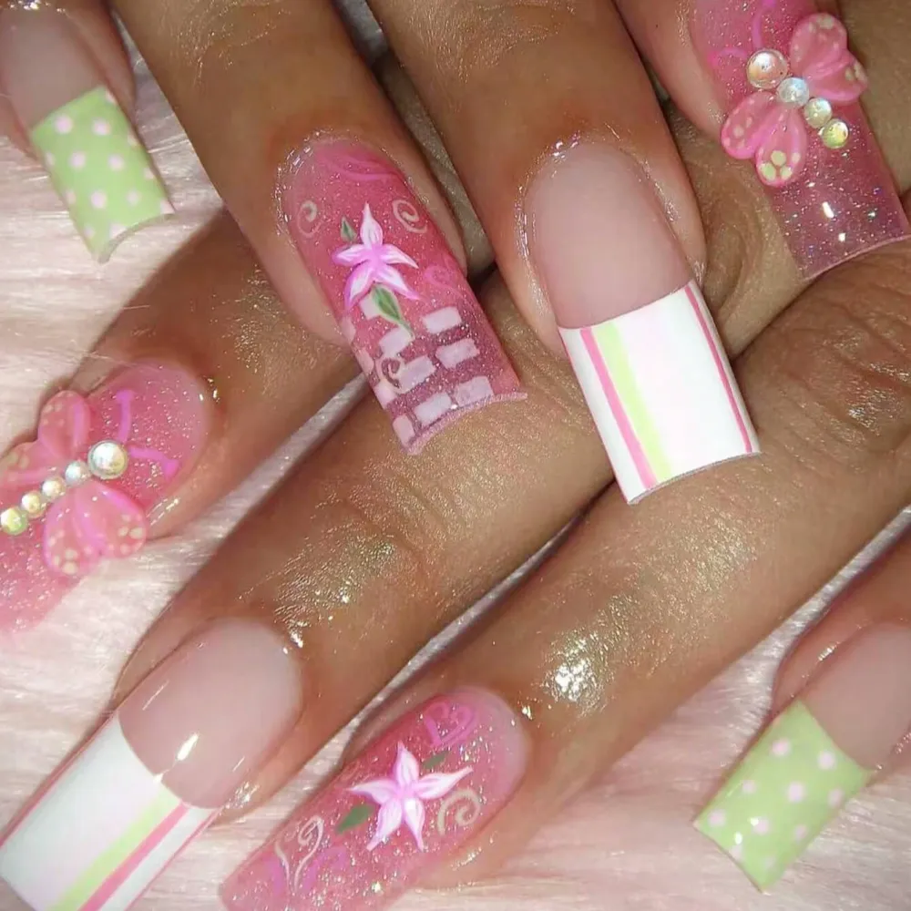 Nailhour 24Pcs French Long Square Retro Picnic Press On Nails