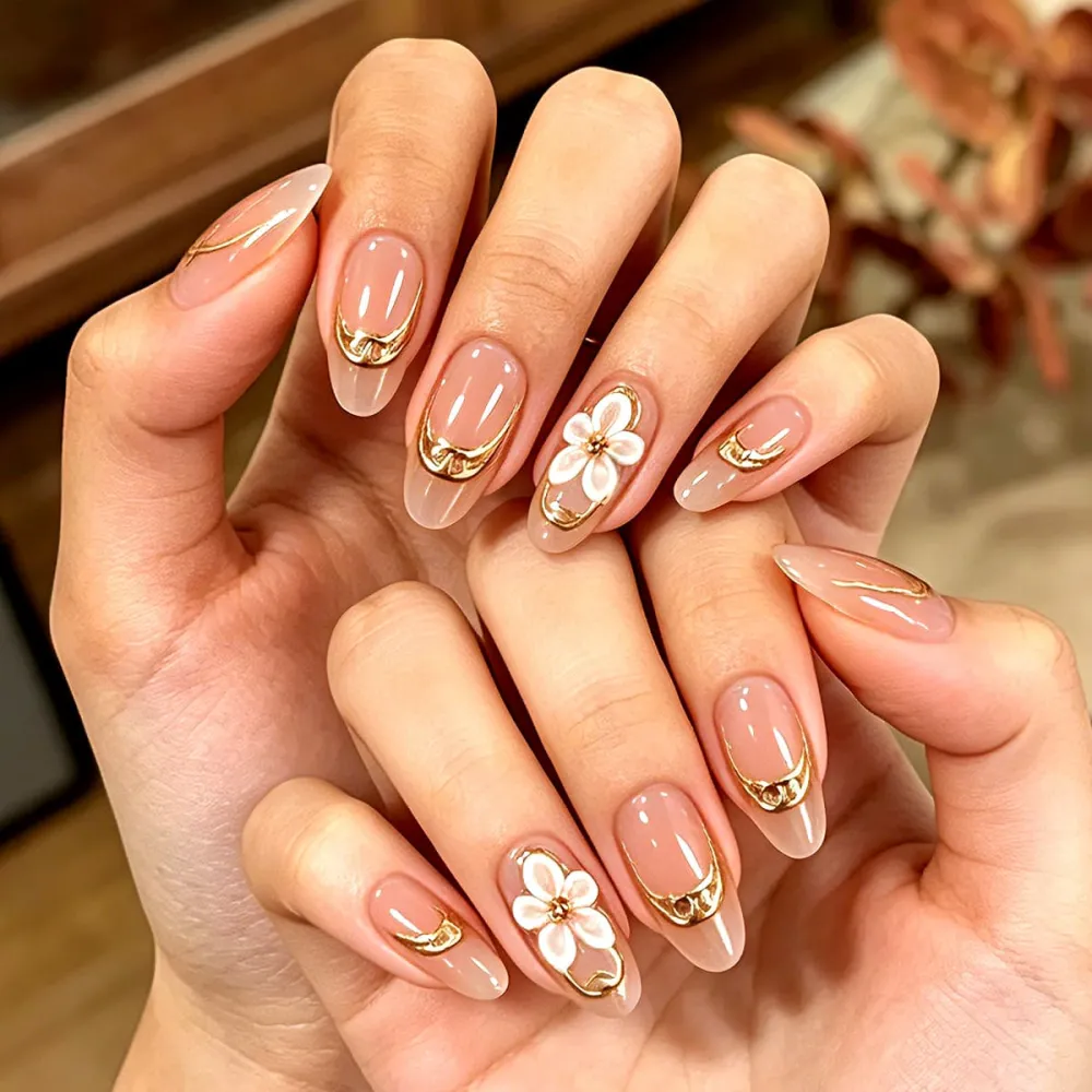Nailhour 30Pcs Nude Pink Floral 3D Medium Almond French Press On Nails