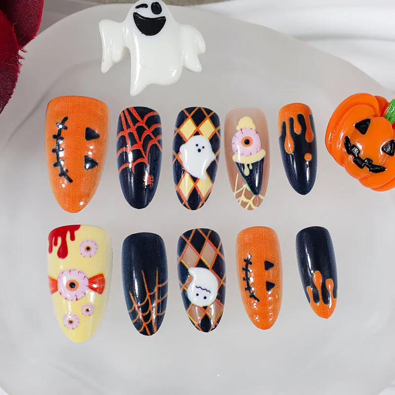 Nailhour 30Pcs 3D Resin Halloween Medium Almond Press On Nails