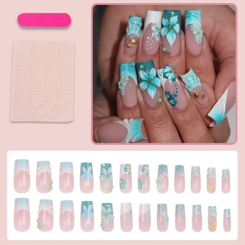 Nailhour 24Pcs Shell Floral 3D Medium Square French Press On Nails