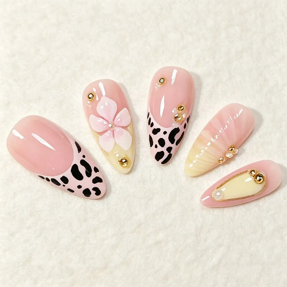 Nailhour 24Pcs Yellow Gilded French 3D Floral Medium Almond Press On Nails