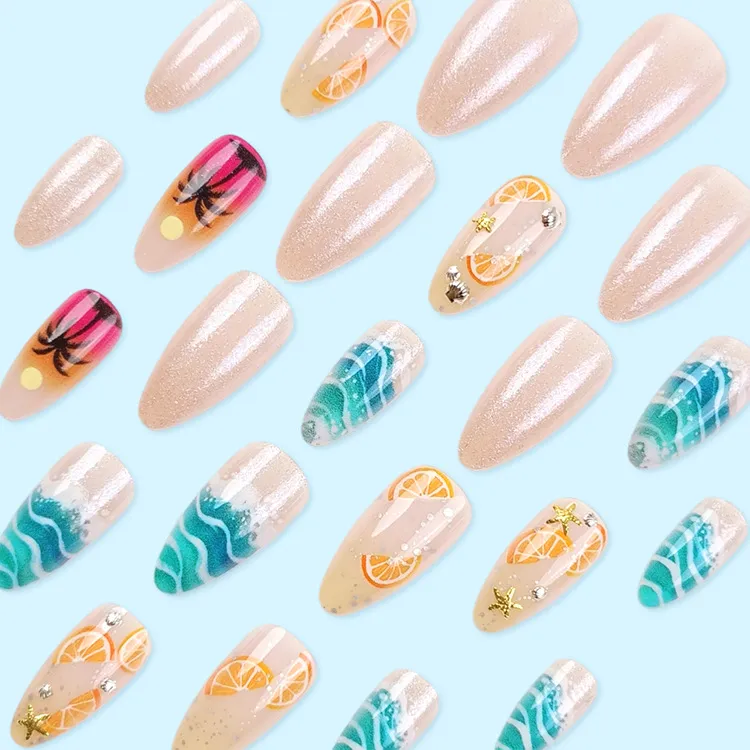 Nailhour Beach Medium Multicolor Holiday Summer 24 Pcs Almond Press On Nails