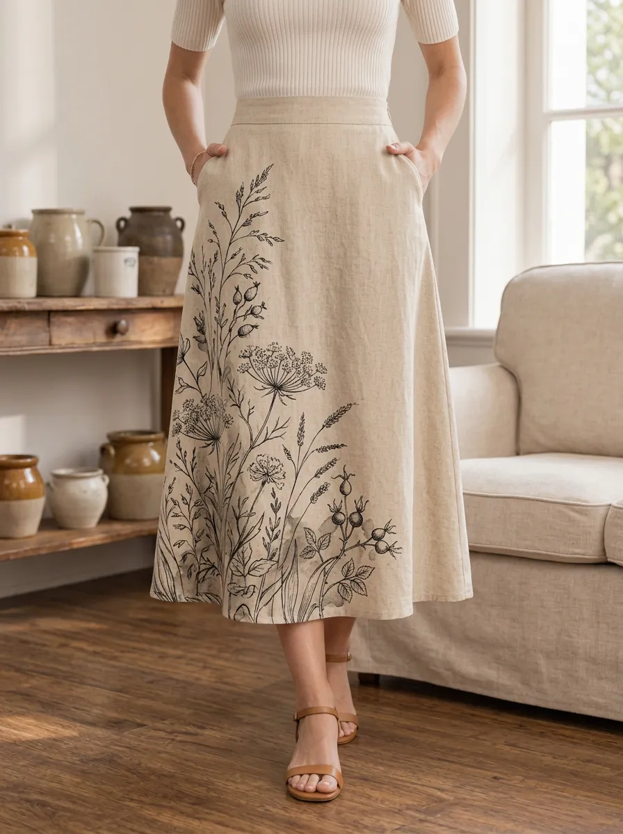 Women's Garden Botanical Print A-Line Midi Skirt