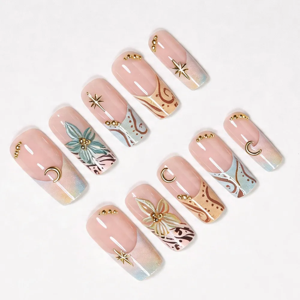 Nailhour 3D Green Floral 24Pcs 3D French Press On Nails
