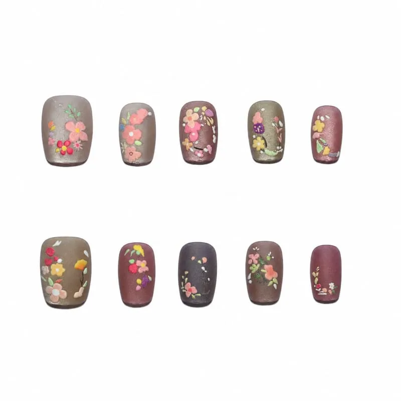 Nailhour 24Pcs Floral Vintage Medium Square Cat Eye Press On Nails