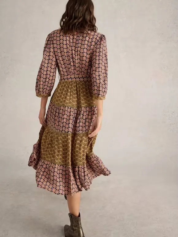 Mixed Print Midi Dress