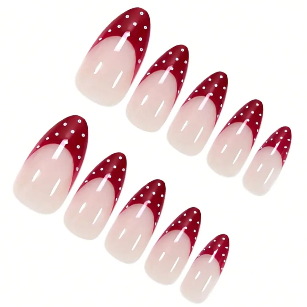 Nailhour 24Pcs Medium Almond  Red French Polka Dot Press On Nails