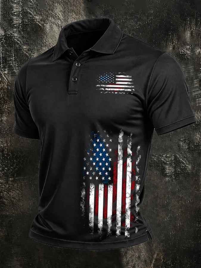 Men'S American Flag Print Casual Polo Shirt