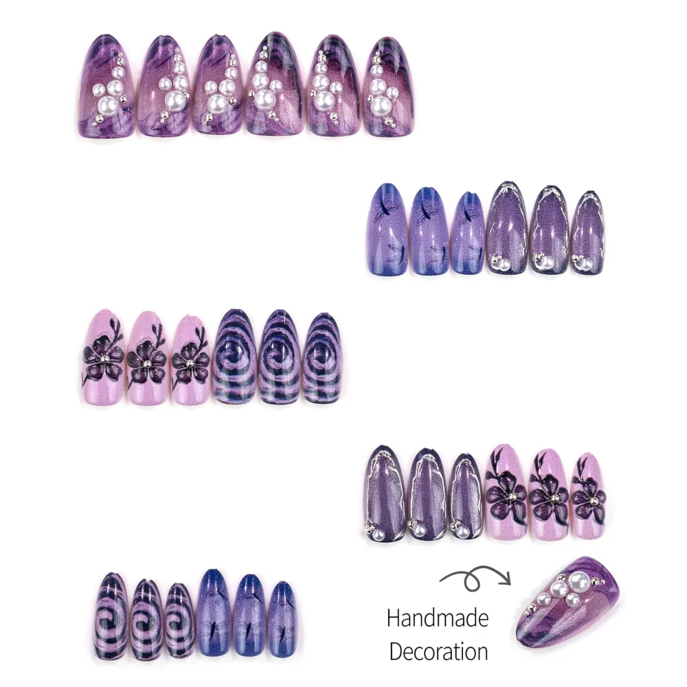 Nailhour 30Pcs Purple Floral 3D Medium Almond French Press On Nails