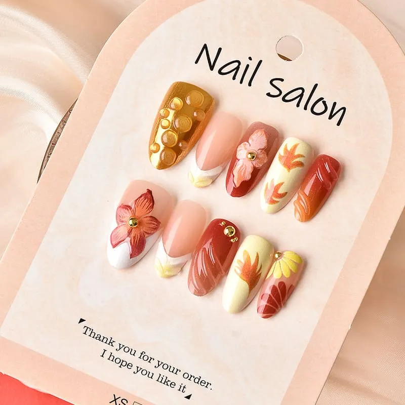 Nailhour 30Pcs Floral Autumn/Winter 3D Medium Almond French Press On Nails
