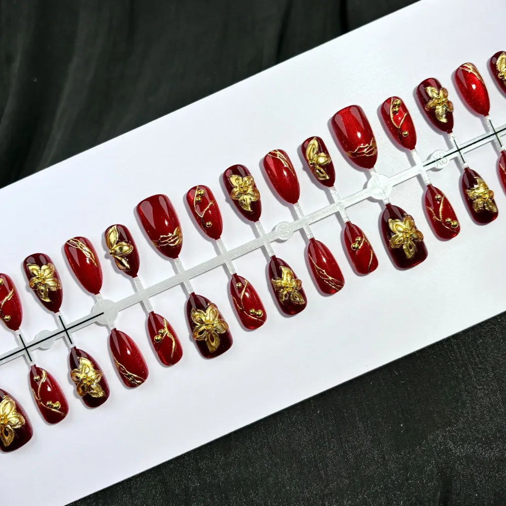 Nailhour 30Pcs Floral 3D Medium Almond French Red Gilded Press On Nails