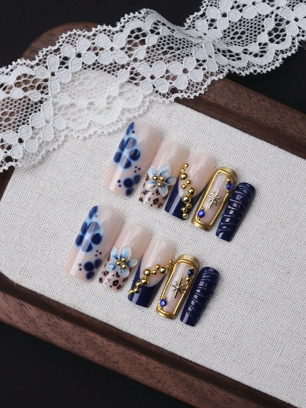 Nailhour 24pcs Coffin Shaped 3D Floral Petal & Golden Bead Accent Press-On Nails