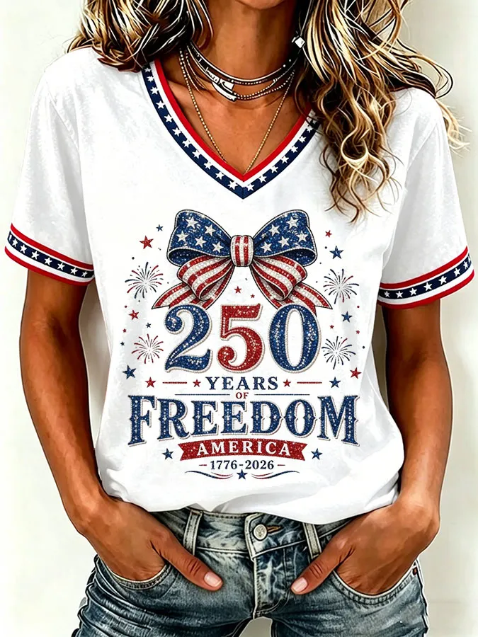 Women'S America Flag Print Casual V-Neck T-Shirt