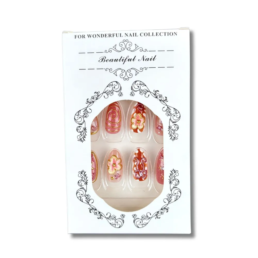 Nailhour 30Pcs Autumn 3D Medium Gilded Almond French Press On Nails