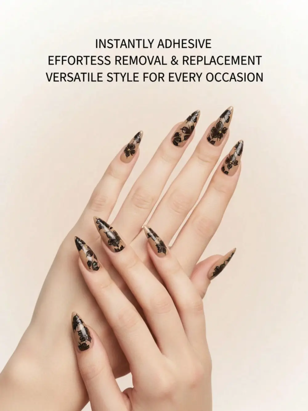 Nailhour 24Pcs Black Floral Extra Long Stiletto Press On Nails