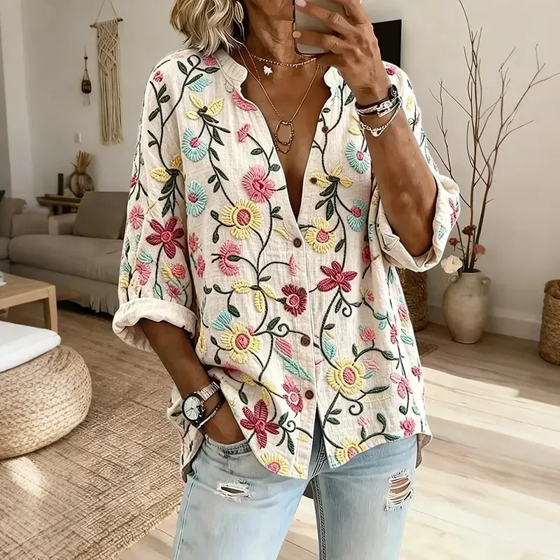 Women's Vintage Floral Design Linen Tunic Top