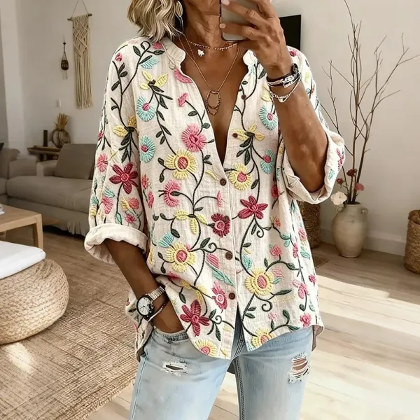 Women's Vintage Floral Design Linen Tunic Top