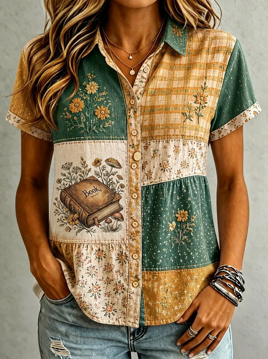 Women's Cat Lover Vintage Book Floral Printed Cotton Linen Shirt