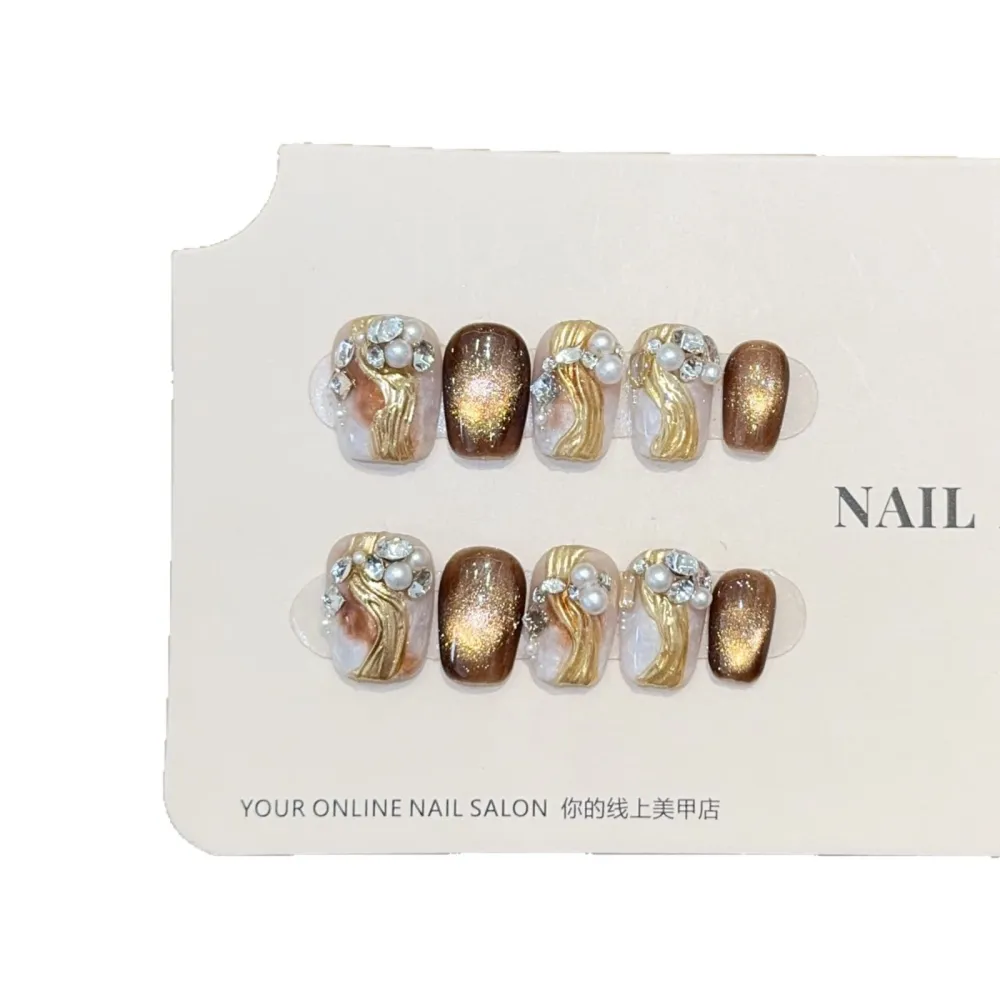 Nailhour 10Pcs Autumn Gilded 3D Handmade Short Square Press On Nails