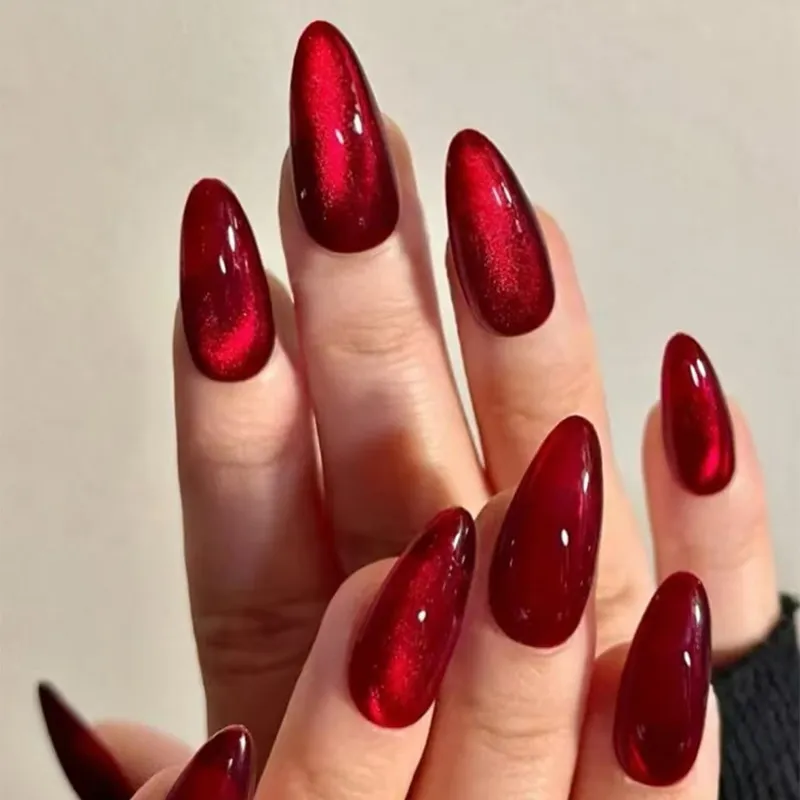 Nailhour 24Pcs Red Party Minimalist Long Cat Eye Press On Nails