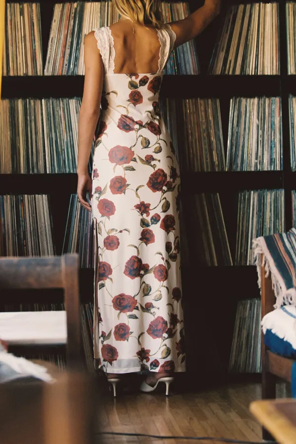 Rose Lace Trim Mesh Maxi Dress