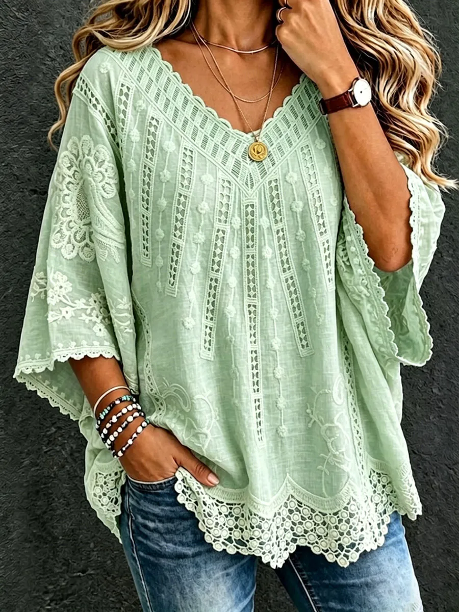 Women'S Cotton And Linen Floral Casual Vacation Top