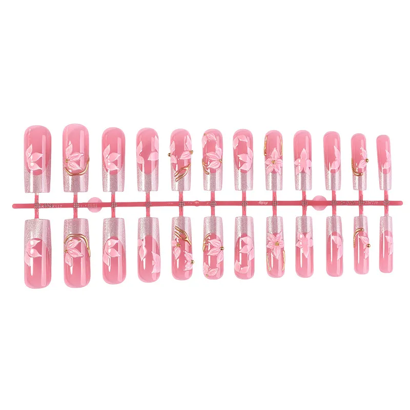 Nailhour 24Pcs Pink French Floral Medium Square Press On Nails