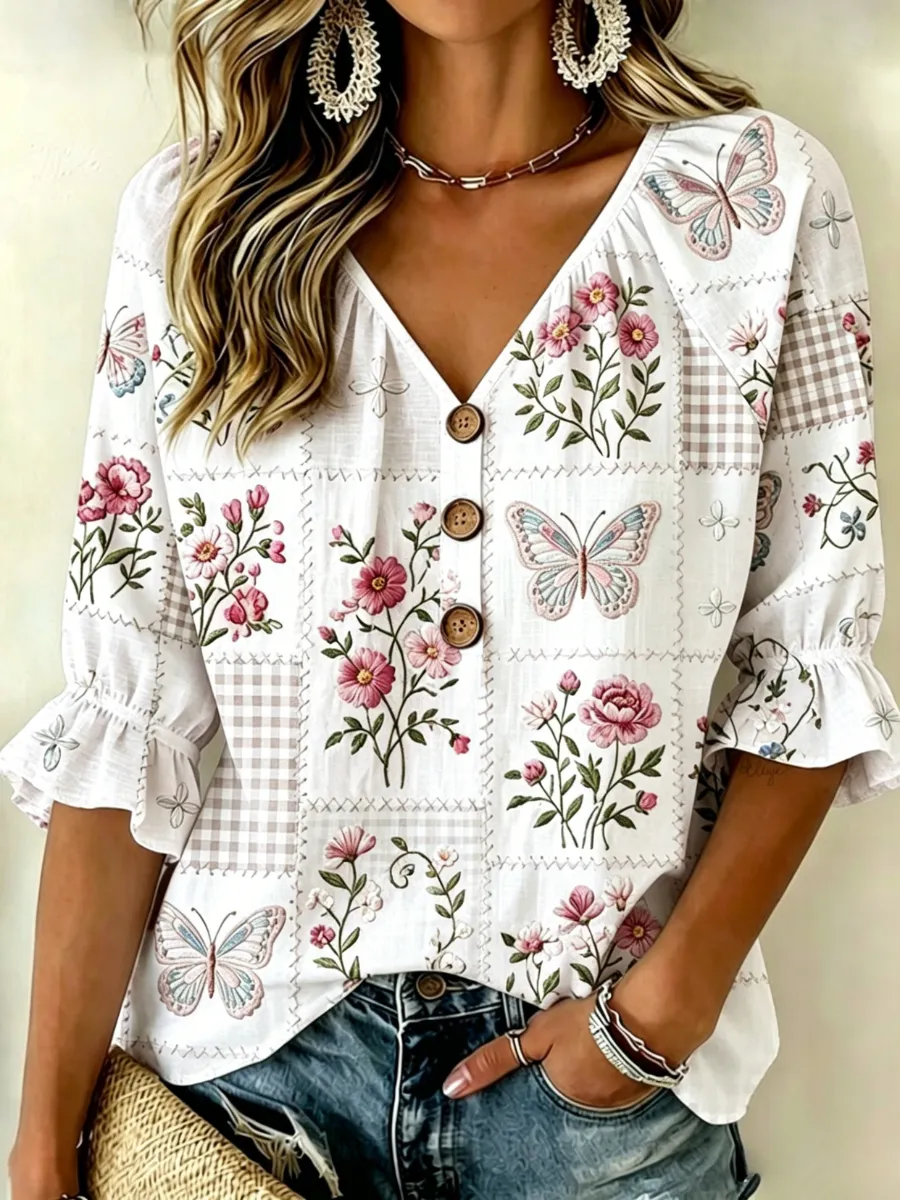 Women'S Floral Cotton Linen Shirt
