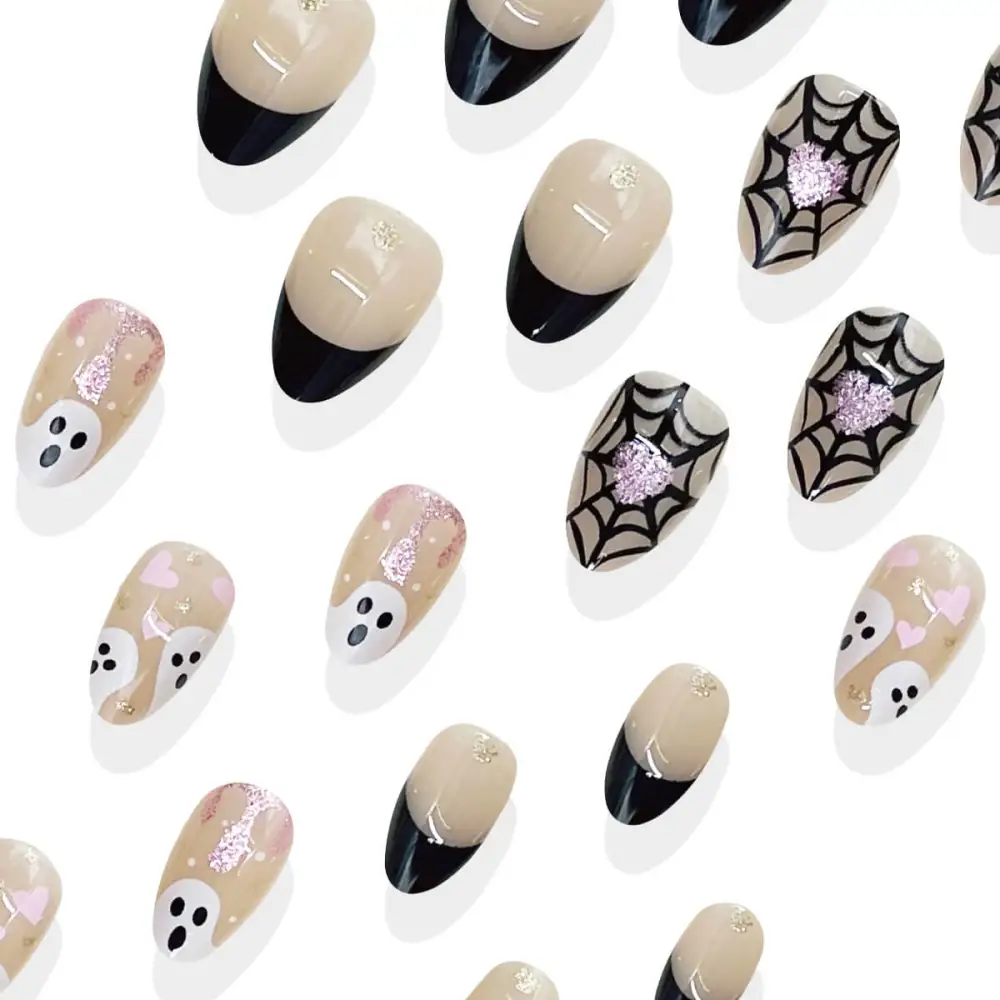 Nailhour 24Pcs Halloween Short Almond French Glitter Ghost Press On Nails