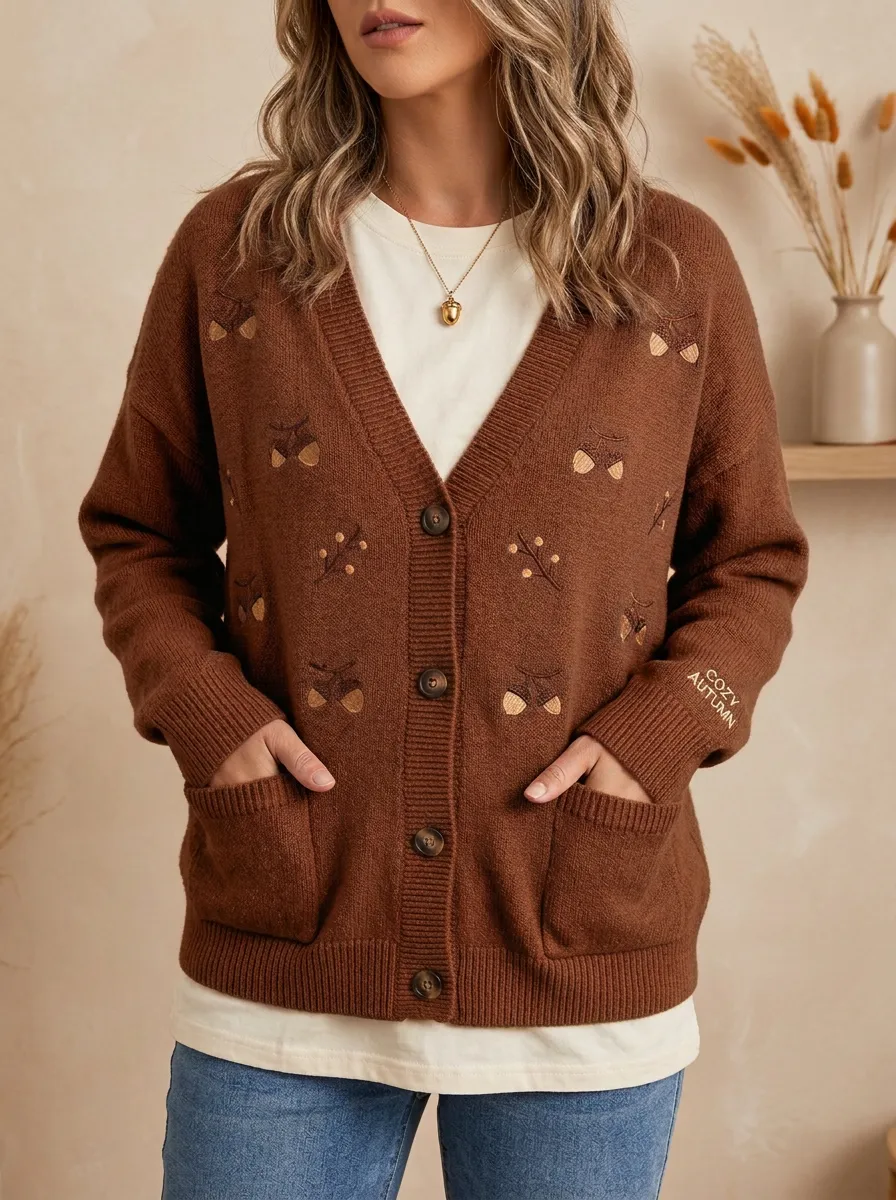 Acorn Pattern Embroidered Women's Knit Cardigan