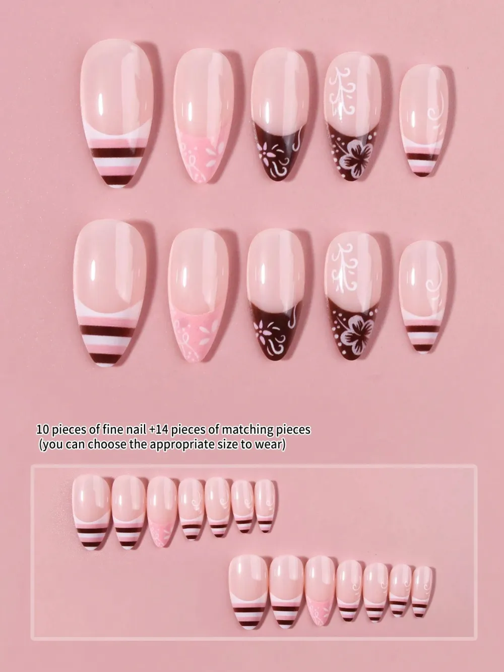 Nailhour Pink 24Pcs French Pink Striped Almond Press On Nails