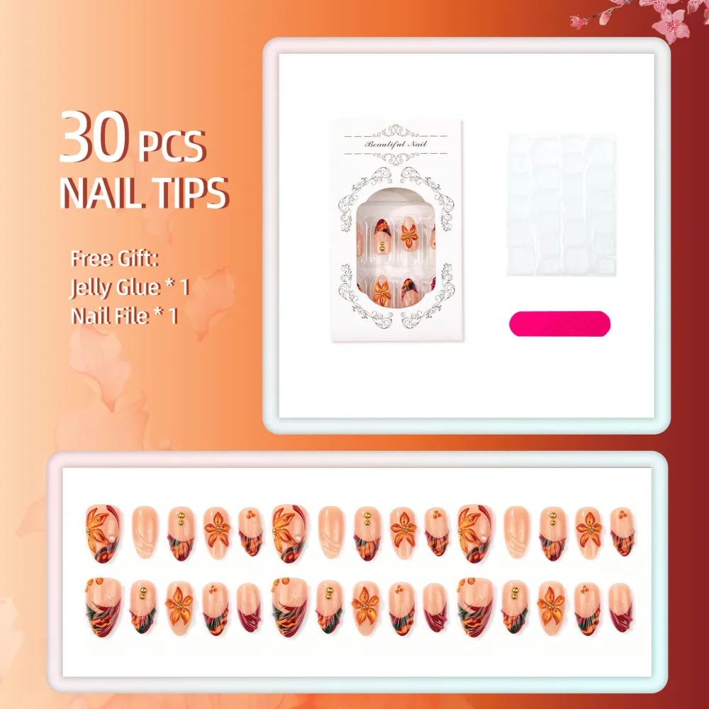 Nailhour 30Pcs Leopard Print Autumn/Winter Medium Almond French Press On Nails