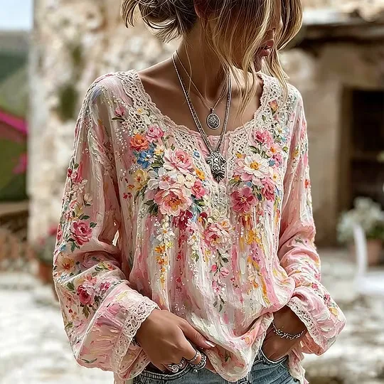 Women's Oil Painting Romantic Flower Lace Art Printed Cotton Hemp Colorful Round Neck Long Sleeve Top