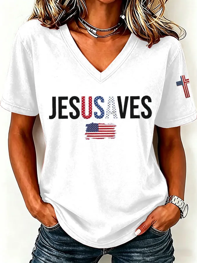 Women'S America Flag  Print Casual V-Neck T-Shirt